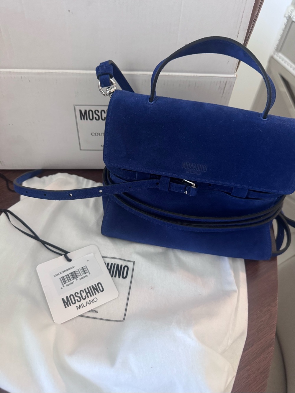 Moschino Royal Blue Suede Top-Handle Satchel with Strap